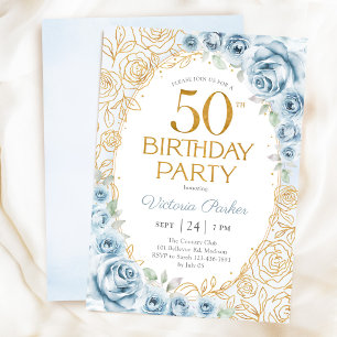 Elegant 50th Birthday Dusty Blue Gold Floral Invitation