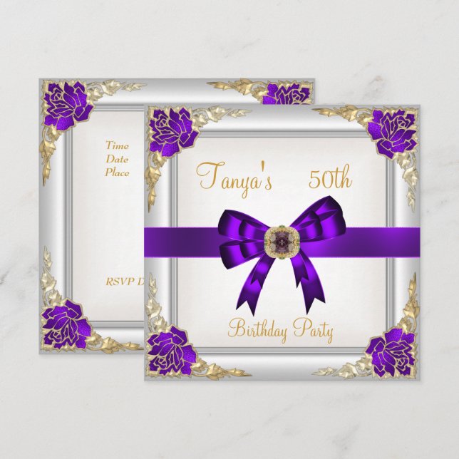 Elegant 50th Birthday Floral Purple White Gold 2 Invitation (Front/Back)