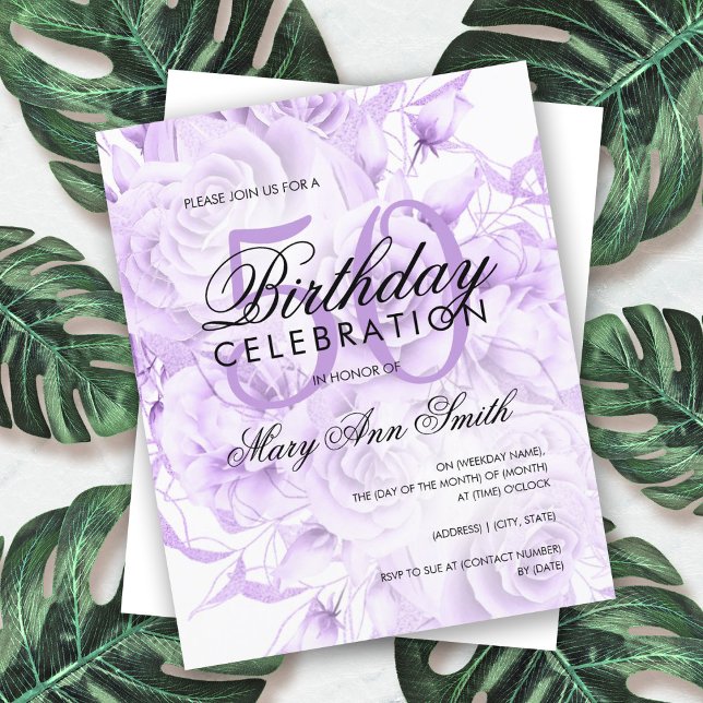 Elegant 50th Birthday Floral Purple White Invite (Creator Uploaded)