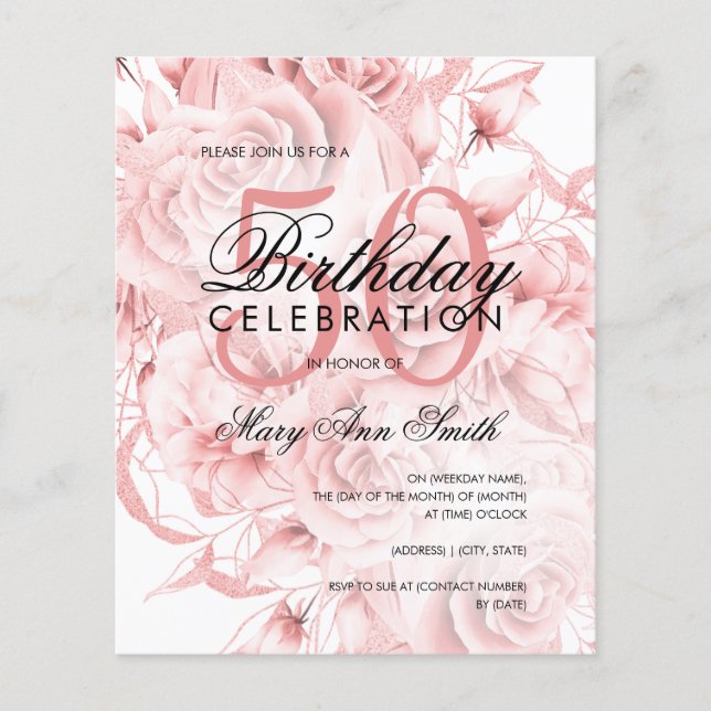 Elegant 50th Birthday Floral Rose Gold Invite Flyer (Front)
