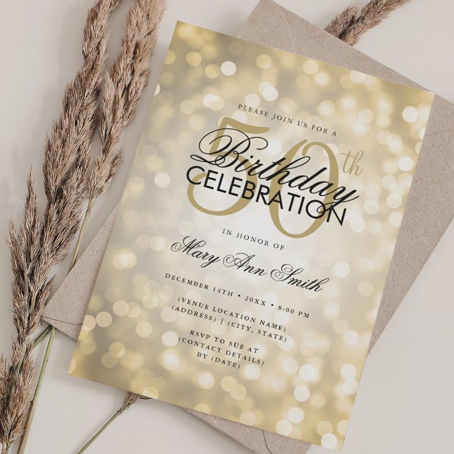 Elegant 50th Birthday Glam Gold Shimmer Lights Invitation (Elegant 50th Birthday Glam Gold Shimmer Lights Invitation)