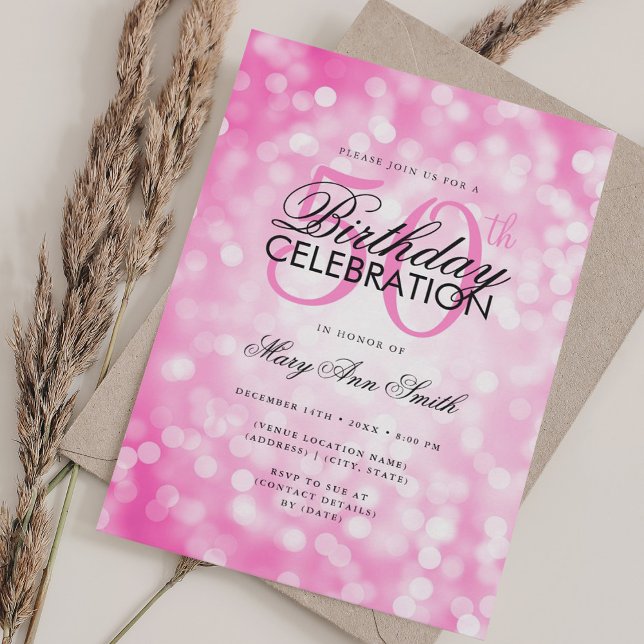 Elegant 50th Birthday Glam Hot Pink Shimmer Light Invitation (Elegant 50th Birthday Glam Hot Pink Shimmer Light Invitation)