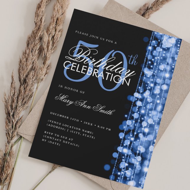 Elegant 50th Birthday Glam Sparkle Navy Blue Invitation (Elegant 50th Birthday Glam Sparkle Navy Blue Invitation)