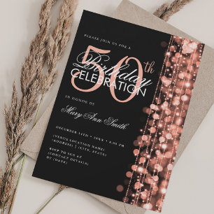 Elegant 50th Birthday Glam Sparkle Rose Gold Black Invitation