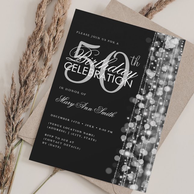 Elegant 50th Birthday Glam Sparkles Silver & Black Invitation (Elegant 50th Birthday Glam Sparkles Silver & Black Invitation)