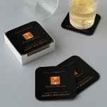 Elegant 50th birthday gold black 50 years name square paper coaster<br><div class="desc">50 years old birthday party luxury elegant black leather looking (PRINTED,  NOT REAL LEATHER) custom paper coaster featuring a gold faux metallic square and personalised any age milestone,  text,  and name signature.           Suitable as a party supply,  thank you favour,  or as a save the date.</div>