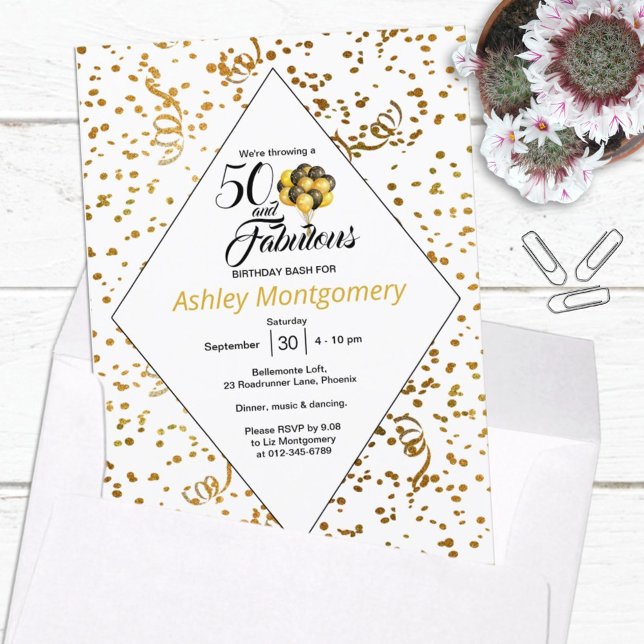 Elegant 50th Birthday Gold Confetti Black Text Invitation (Creator Uploaded)