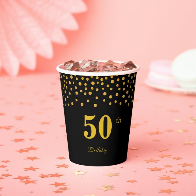 Elegant 50th Birthday & Gold Confetti on Black Pap Paper Cups (Insitu)