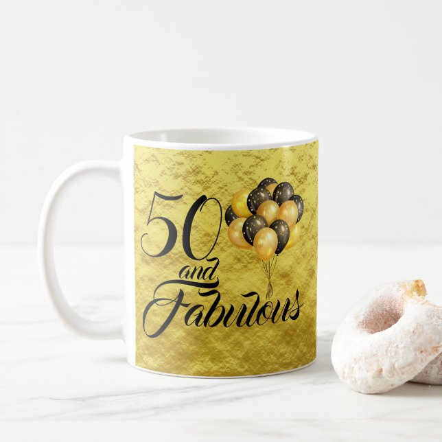 Elegant 50th Birthday Gold Foil Black Typography Coffee Mug (With Donut)