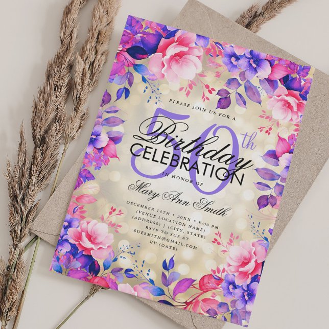 Elegant 50th Birthday Gold Purple Floral Lights Invitation (Elegant 50th Birthday Gold Purple Floral Lights Invitation)