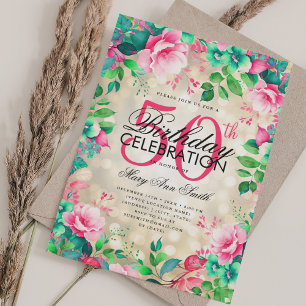 Elegant 50th Birthday Gold Spring Summer Floral Invitation