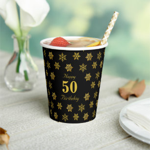 Elegant 50th Birthday & Golden Snowflakes on Black Paper Cups