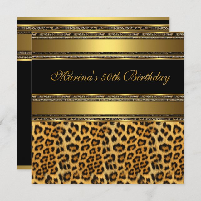Elegant 50th Birthday Party Black Gold Cheetah 2 Invitation (Front/Back)