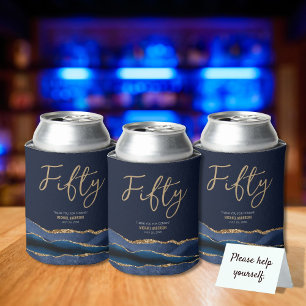 Elegant 50th Birthday Party Blue Gold Agate Can Cooler