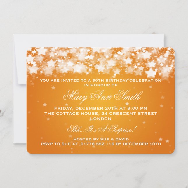 Elegant 50th Birthday Party Dazzling Stars Orange Invitation (Front)