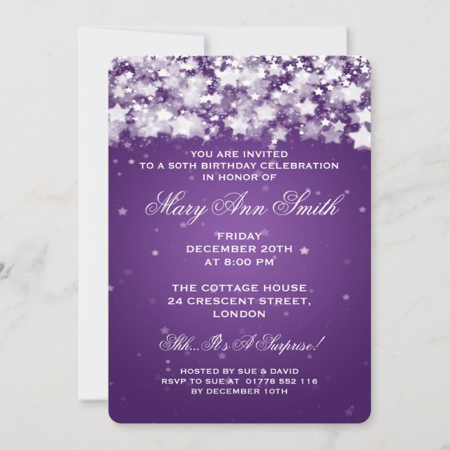 Elegant 50th Birthday Party Dazzling Stars Purple Invitation (Front)