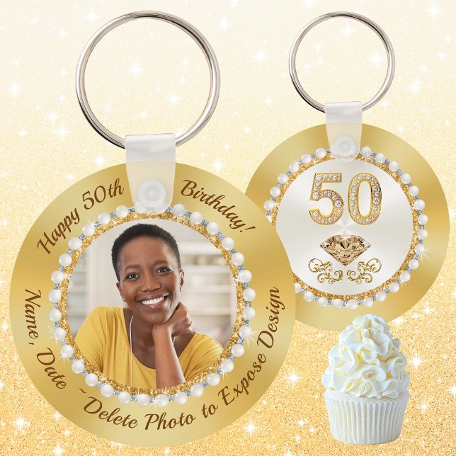 Elegant, 50th Birthday Party Favours for a Woman Key Ring (50th Birthday Party Favors. Golden Birthday Favors, Gold, Photo Keychains. 50th Birthday Souvenirs)