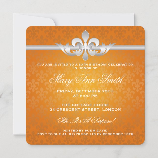 Elegant 50th Birthday Party Fleur De Lis Orange Invitation (Front)