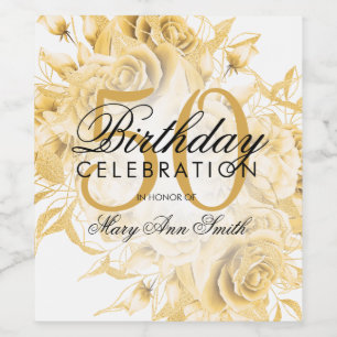 Elegant 50th Birthday Party Floral Gold White Wine Label