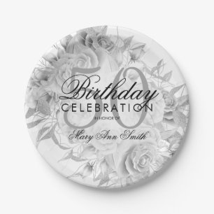 Elegant 50th Birthday Party Floral Silver White Paper Plate