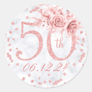 Elegant 50th Birthday Party Glam Rose Gold Marble  Classic Round Sticker