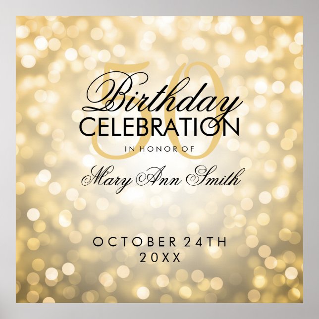 Elegant 50th Birthday Party Glitter Lights Gold Poster (Front)