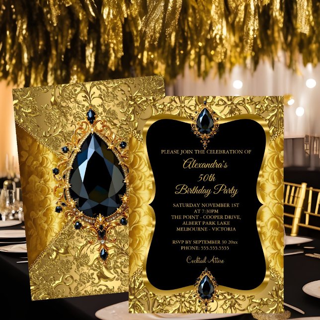 Elegant 50th Birthday Party Gold Floral Gold Black Invitation (Creator Uploaded)