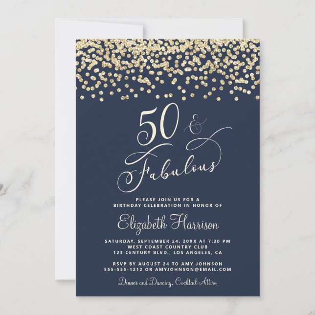 Elegant 50th Birthday Party Gold Glitter Blue Invitation (Front)