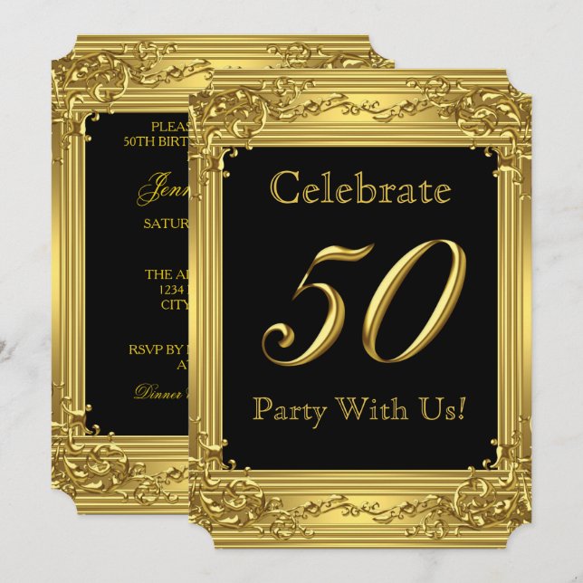 Elegant 50th Birthday Party Gold Golden 50 Black 2 Invitation (Front/Back)