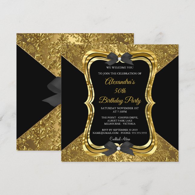 Elegant 50th Birthday Party Gold Golden Black Invitation (Front/Back)