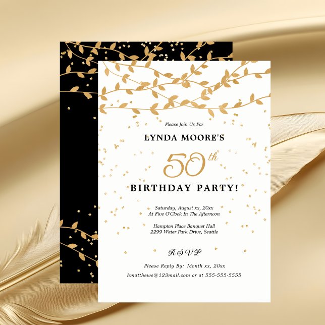Elegant 50th Birthday Party Gold Leaves Invitation (Elegant 50th Birthday Party Gold Leaves Invitation)