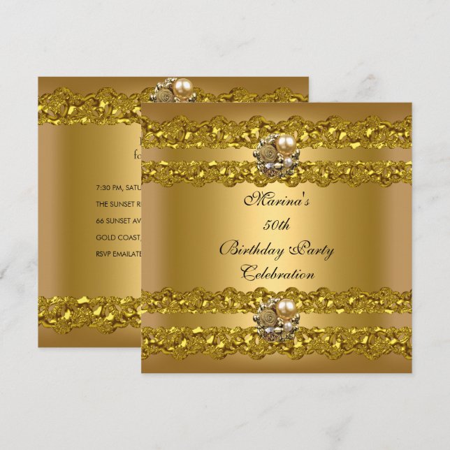 Elegant 50th Birthday Party Gold Pearl Jewel Invitation (Front/Back)