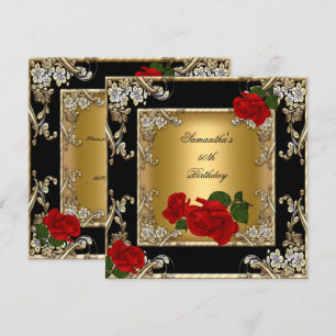 Elegant 50th Birthday Party Gold Red Rose Black Invitation