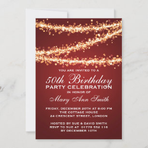 Elegant 50th Birthday Party Gold String Lights Red Invitation