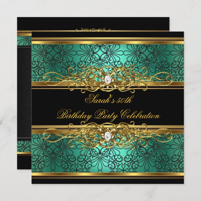 Elegant 50th Birthday Party Jade Green Gold Damask Invitation (Front/Back)
