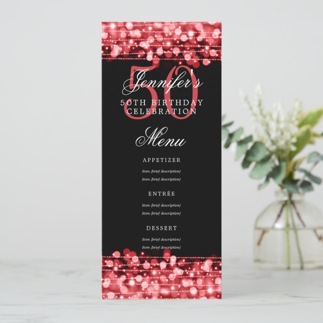 Elegant 50th Birthday Party Menu Red Lights Invitation (Standing Front)