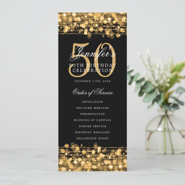 Elegant 50th Birthday Party Program Gold w/ Menu Invitation (Standing Front)