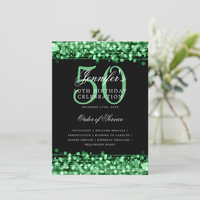 Elegant 50th Birthday Party Program Green Menu Invitation (Standing Front)