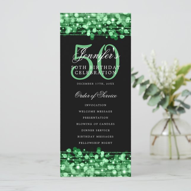 Elegant 50th Birthday Party Program Green Menu Invitation (Standing Front)