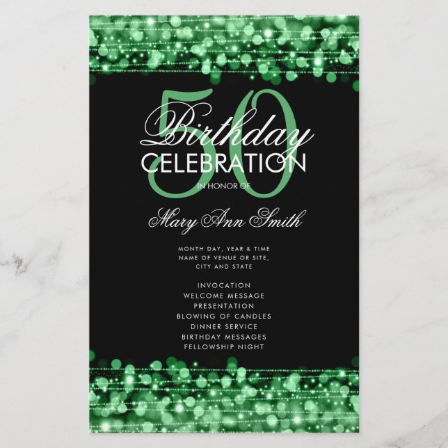Elegant 50th Birthday Party Program Green w/ Menu (Front)