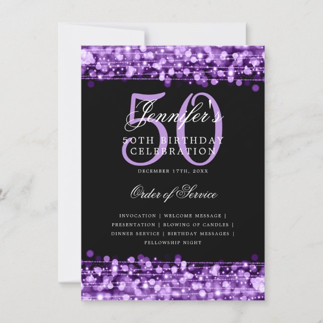 Elegant 50th Birthday Party Program Purple Menu Invitation (Front)