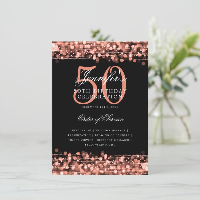 Elegant 50th Birthday Party Program Rose Gold Menu Invitation (Standing Front)