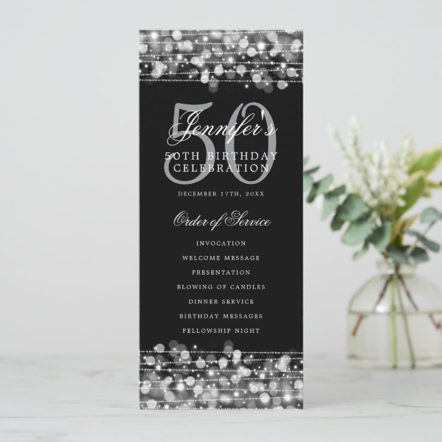 Elegant 50th Birthday Party Program Silver w/ Menu Invitation (Standing Front)