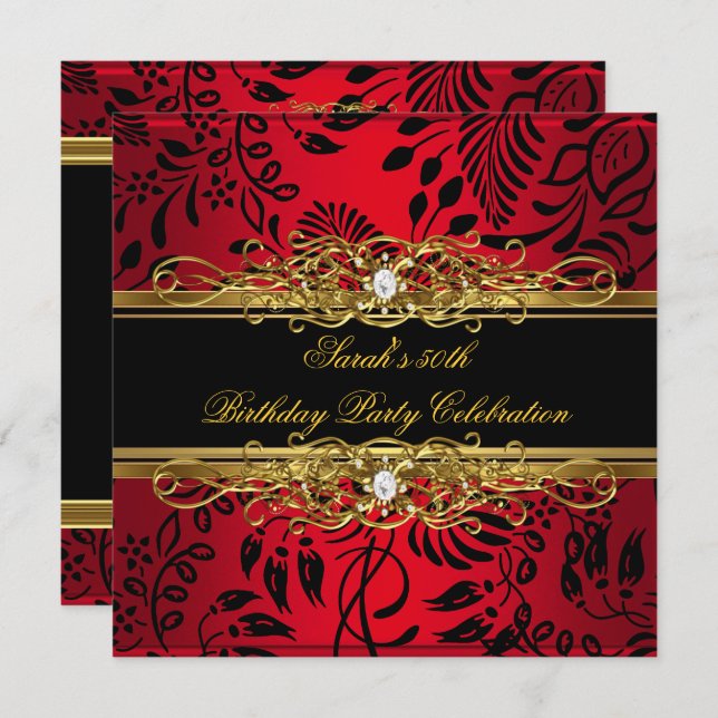 Elegant 50th Birthday Party Red Black Gold Damask Invitation (Front/Back)