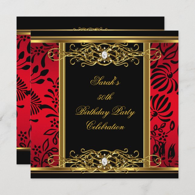 Elegant 50th Birthday Party Red Black Gold Damask Invitation (Front/Back)
