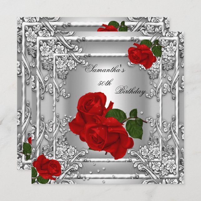 Elegant 50th Birthday Party Red Rose Silver Invitation (Front/Back)