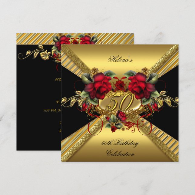 Elegant 50th Birthday Party Red Roses Gold Black Invitation (Front/Back)