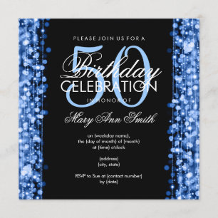 Elegant 50th Birthday Party Sparkles Blue Invitation