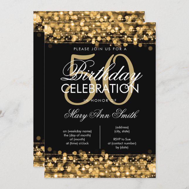 Elegant 50th Birthday Party Sparkles Gold Invitation (Front/Back)