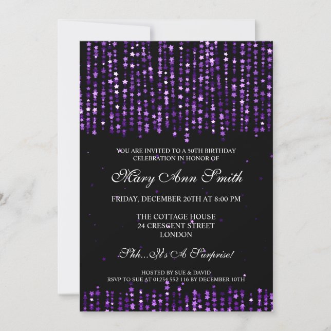 Elegant 50th Birthday Party Star Confetti Purple Invitation (Front)